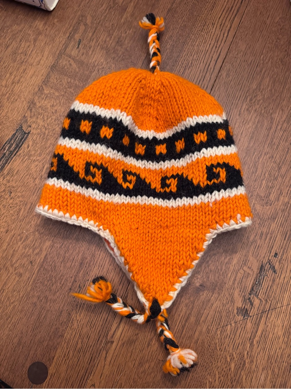 Orange and Black Wool Knit Earflap Hat